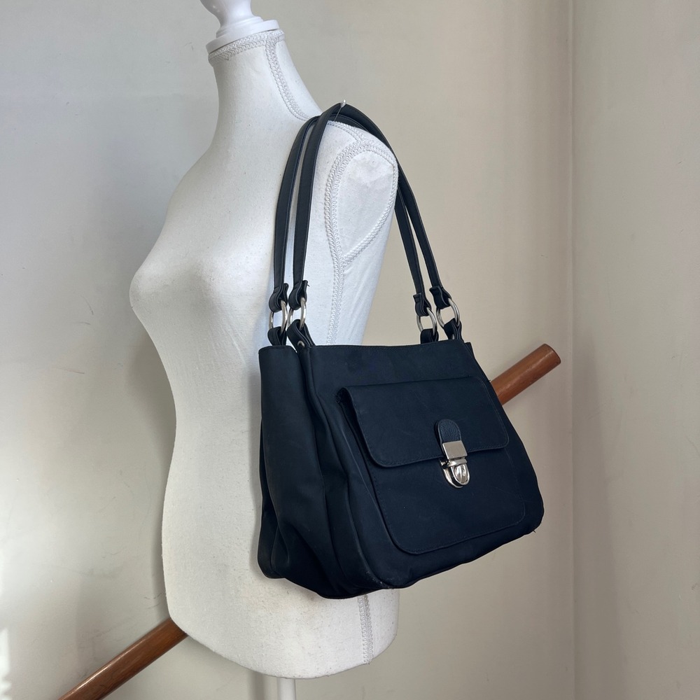 Vintage 90s Boxy Nylon Black Purse Shoulder Bag‎ Silver O-Ring Chunky Y2k Preppy